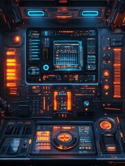 Fototapeta premium Futuristic SciFi Control Panel Interface Orange Blue Neon Lights Digital Technology Dashboard Screen Modern Spaceship Cockpit Design Elements User 