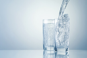 Pouring refreshing soda water into glasses on light grey background, closeup. Space for text