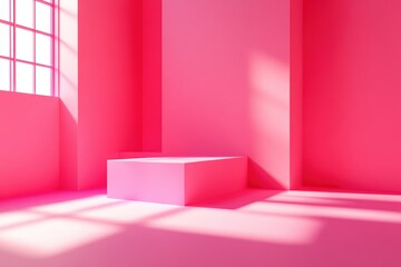 鮮やかなピンクの室内空間での光の具合と影の様子