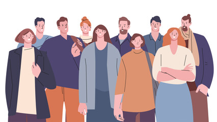 Fototapeta premium Casual modern people group. Young male and female stand together. Office workers team, happy women and men portrait. Flat vector characters