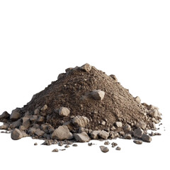 A large pile of dirt and rocks sits against a white background a rough texture