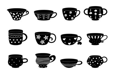 Decorative cups black icons. Isolated cup symbols with decorations. Teatime and coffee, vintage design crockery elements. Kitchen vector set