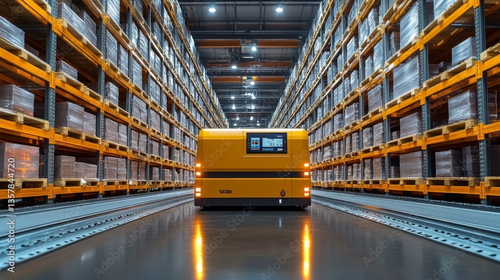 Poster An automated guided vehicle moves along the track in a spacious warehouse filled with tall shelves stacked with stored products, ensuring effective inventory management and sorting.