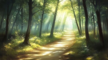 Obraz premium A sunlit forest path winds between trees with bright green leaves