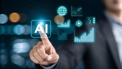 Artificial Intelligence and mobile technology concept. Man using AI. generative AI. innovation. smartphone. Holding ai text