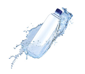 Bottle of water and splashes in air on white background