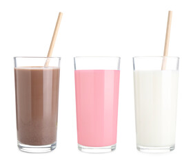 Milk of different flavors in glasses isolated on white. Vanilla, chocolate and strawberry