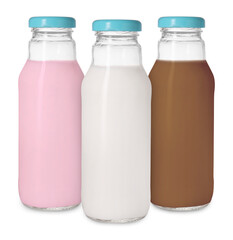 Milk of different flavors in bottles isolated on white. Vanilla, chocolate and strawberry