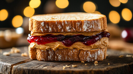 Classic peanut butter and jelly sandwich on wooden table
