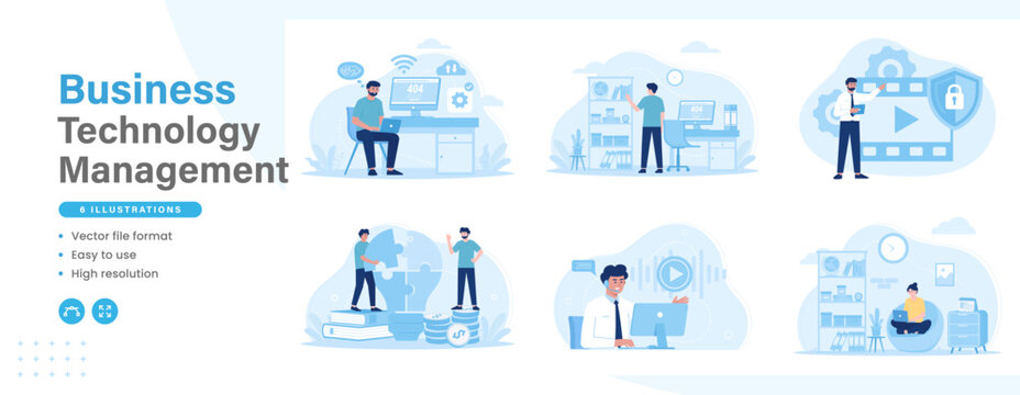 Technology management modern flat illustration. Set of people working using laptops and computers utilizing advanced technology. Vector graphic design for web design and other purposes.
