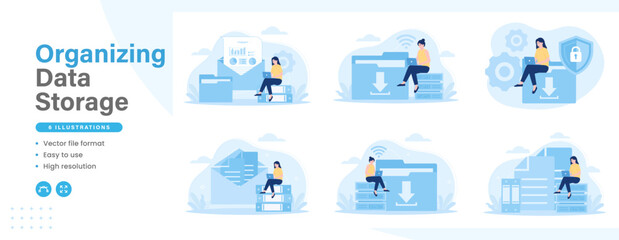 Organizing data storage modern flat illustration. Set of scenes of a woman organizing data storage neatly and safely in a database. Vector graphic design for web design and other purposes.