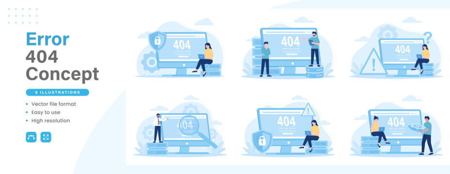Error 404 concept modern flat illustration. Set of scenes women and men having problems with Internet connection and page not found on website. Vector graphic design for web design and other purposes.