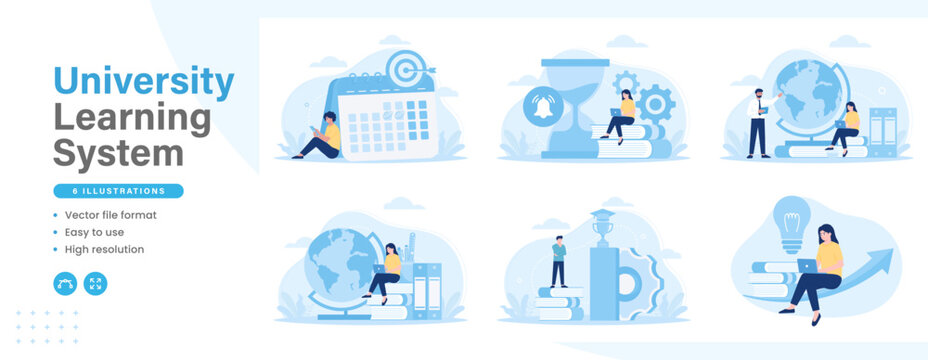 University activities modern flat illustration. Set of university learning systems with various illustrations of student and teacher activities. Vector graphic design for web design.