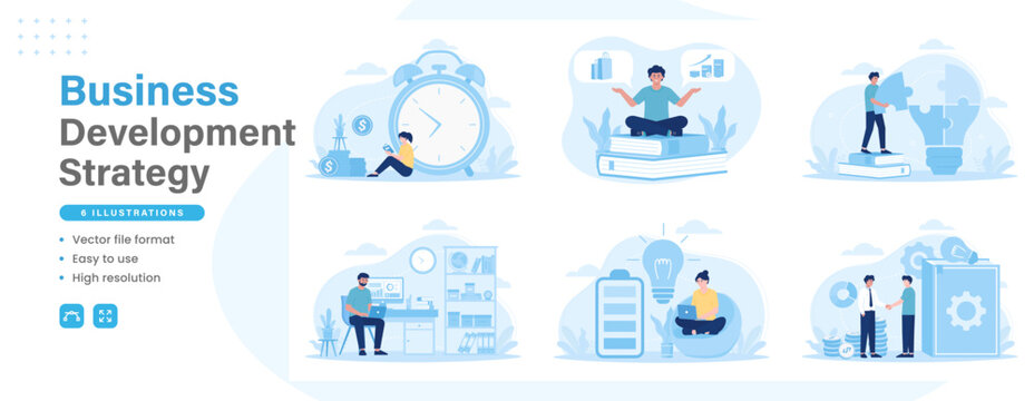 Bussines development modern flat illustration. Set of bussines development strategy, time management, combining light bulb puzzle pieces. Vector graphic design for web design and other purposes.
