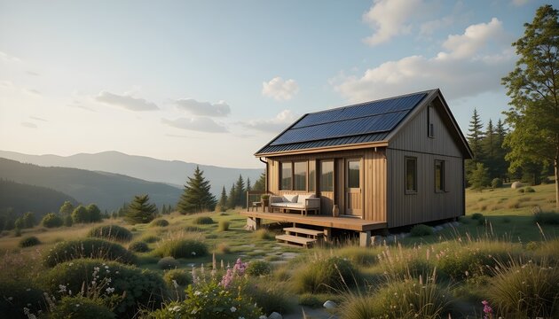 Tiny house in a natural landscape, self-sufficient living, renewable energy solutions, minimalist eco-home, stock photo with side copy space