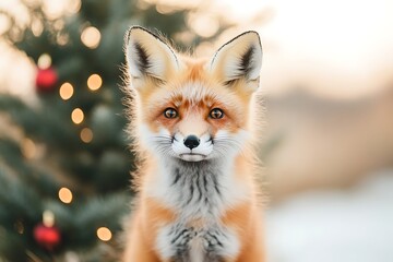 Obraz premium Red fox with Christmas tree, and winter.