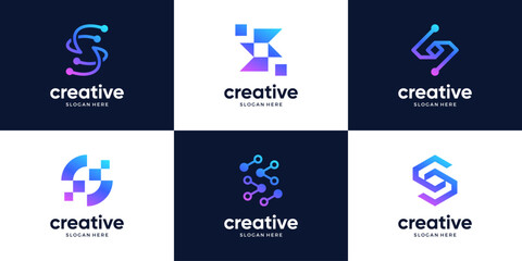 Set of letter S tech logo design. Modern symbol digital connection logo.