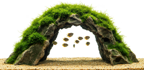 Aquatic Scene Tropical Fish Swimming in Mossy Rock Arch Aquarium Decor