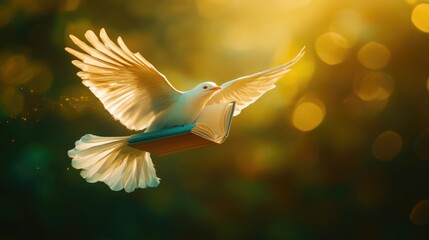 Fototapeta premium Dove of Peace carrying a book, soaring through a sunlit forest