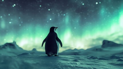 Penguin observing the northern lights against a snowy landscape  