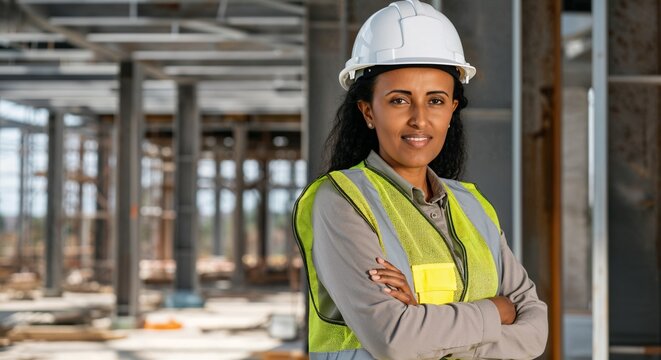 Proud Ethiopian construction engineer whit helmet in high-visibility vest and helmet, standing at a building site. Breaking stereotypes and promoting diversity in the engineering workforce.

