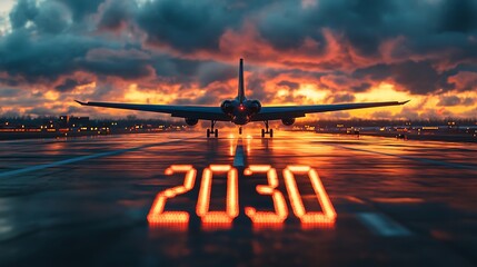 Plane on Runway with 2030 Lights at Sunset, A plane on a runway with a dramatic sunset and the number 2030 displayed in lights