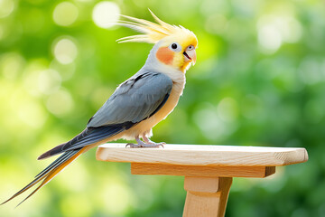 Vibrant cockatiel perched on a wooden perch, displaying bright yellow crest feathers