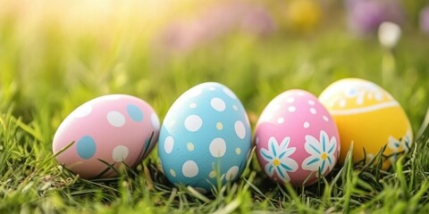 Naklejka premium Three vibrant Easter eggs rest in lush grass, adorned by delicate flowers in the background, embodying the spirit of springtime celebration.