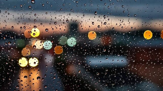 Raindrops on Glass City Lights Bokeh Background Stock Footage