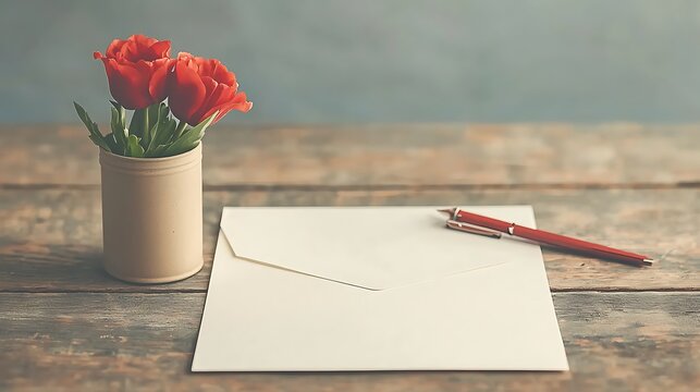 Red Tulips for Letter, Rustic Desk. - Powered by Adobe