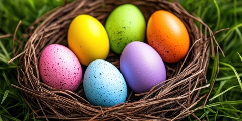 A detailed close-up of a nest containing six vibrant eggs, showcasing their unique colors against the natural textures of the nest materials.