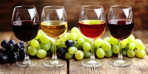 Three elegant glasses of wine accompanied by fresh grapes elegantly arranged on a rustic wooden table, creating a sophisticated setting.