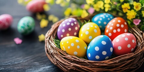 Fototapeta premium A vibrant assortment of Easter eggs nestled in a basket surrounded by colorful flowers and lush greenery, celebrating the joy of the holiday.
