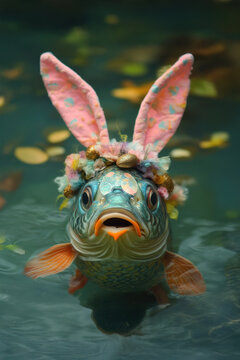 A whimsical image of a fish wearing bunny ears and a floral crown, merging marine life with playful Easter symbolism in a quirky and fun underwater scene.