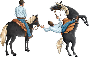 A man falling off a horse and a man sitting on a horse