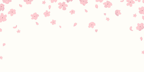 Romantic background with falling sakura flowers and petals. Hand drawn flat style and texture effect. Ideal for wedding invitations, festive banners, covers, posters. © Katrinka8888