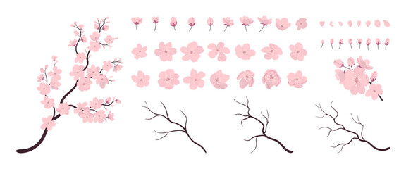 Big sakura constructor. Collection of pink flowers, buds, petals and branches. Flat vector illustration. Grainy texture effect. Design elements to create banners, posters, cards, patterns, invitations © Katrinka8888