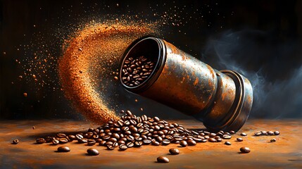 Roasted Coffee Beans Spill from Rusted Vintage Grinder Dark Dramatic Still Life