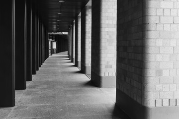 Monochromatic corridor with modern architecture showcasing concrete pillars in urban setting