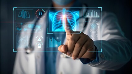 Medicine doctor holding hologram lung in hand, AI generated