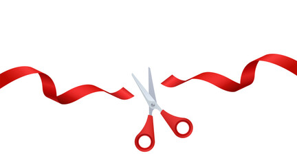 A Pair of Scissors Cutting Flying Red Silk Ribbon Over White Background. Vector Illustration