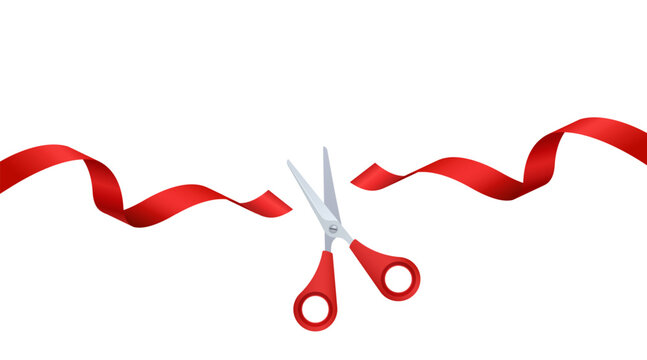 A Pair of Scissors Cutting Flying Red Silk Ribbon Over White Background. Vector Illustration