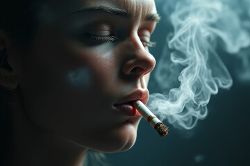 The image shows a woman smoking a cigarette with smoke billowing out of her mouth. She is wearing a white shirt and has her eyes closed