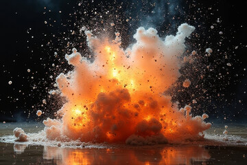 The image shows an explosion of fire and water on a black background
