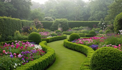 Obraz premium A peaceful garden path lined with colorful flowers and trimmed hedges,