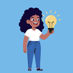 Girl with an idea holding a light bulb. Flat vector illustration in color.