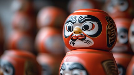 Naklejka premium Close up of Traditional Japanese Daruma Dolls Stacked High Displaying Cultural Heritage