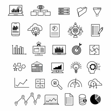 Data analytics icon set. Big data analysis technology symbol. Containing graph, database, statistics, analytics, server, monitoring, computing and network icons.