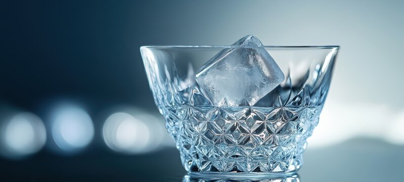 A clear cocktail in a crystal glass with a single ice cube