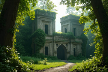 Obraz premium The image shows an old building in the middle of a forest